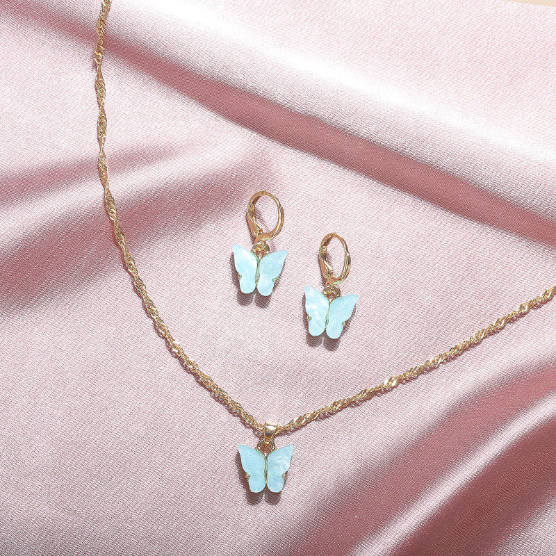 Wholesale 2pcs/pack Fashionable New Acrylic Butterfly Necklace Earrings Super Fairy Tassel Necklace Set